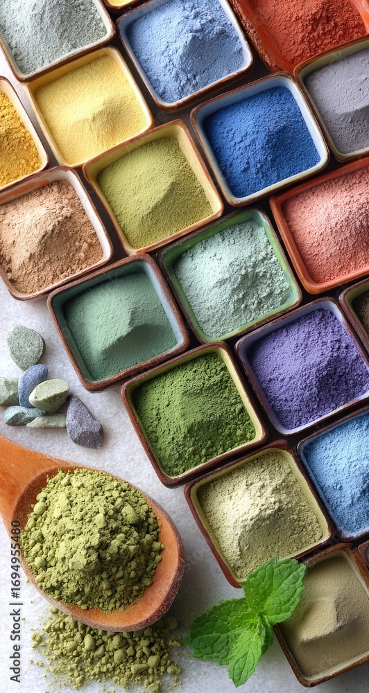 Fototapeta premium Assorted colorful powders in small dishes.