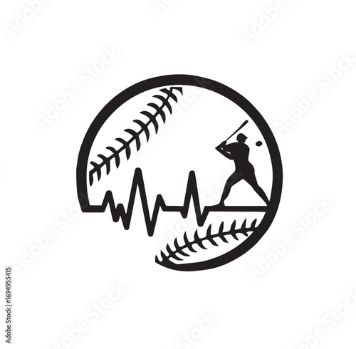 Baseball Heartbeat Silhouette with Player and Ball on White Background Keywords: baseball, heartbeat, electrocardiogram, ekg, pulse, player, batter, silhouette, sport, game, activity, health