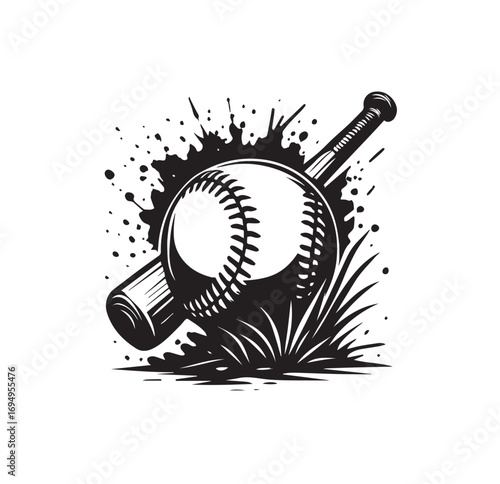Black and White Illustration of a Baseball and Bat with Splatter and Grass on White Background Keywords: baseball, bat, ball, sport, game, action, dynamic, splatter, splash, ink, grass, blades