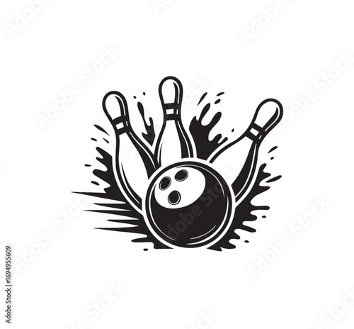 Black and white illustration of a bowling ball striking pins with motion splatters on a white background