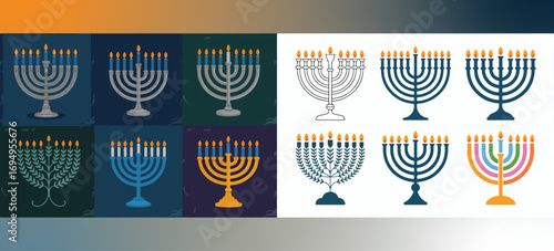 Colorful Hanukkah menorah set of vector illustrations with candles, flames, and decorative variations representing Jewish tradition and holiday celebration