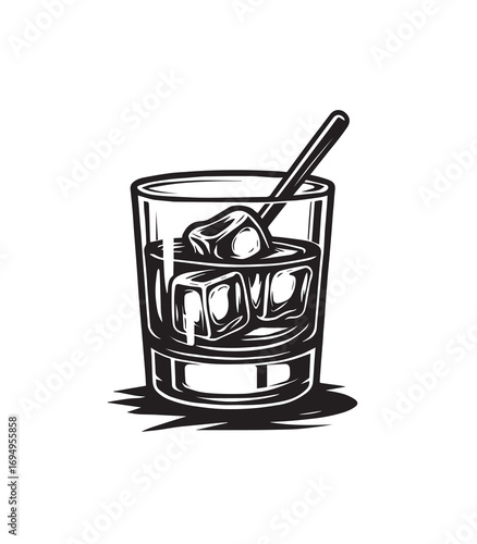 Black and White Illustration of a Glass of Whiskey with Ice Cubes and a Stirrer drink alcohol