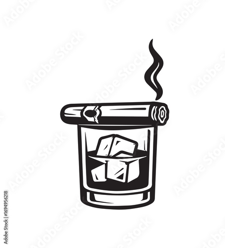 Black and White Illustration of a Smoldering Cigar Resting on a Glass of Whiskey with Ice Cubes drink