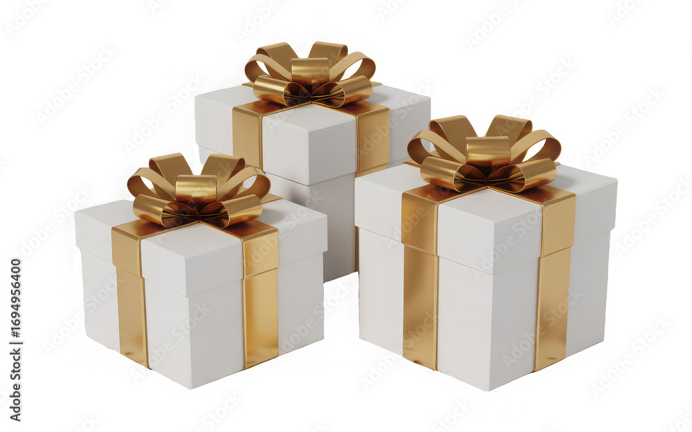 Obraz premium Three white gift boxes with golden ribbons isolated on transparent background