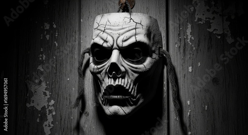 Eerie Skull Mask on Weathered Wood - A chilling grayscale of an aged skull mask hanging on a rustic wooden wall. Symbolizing mystery, dread, mortality, the macabre, and forgotten secrets
