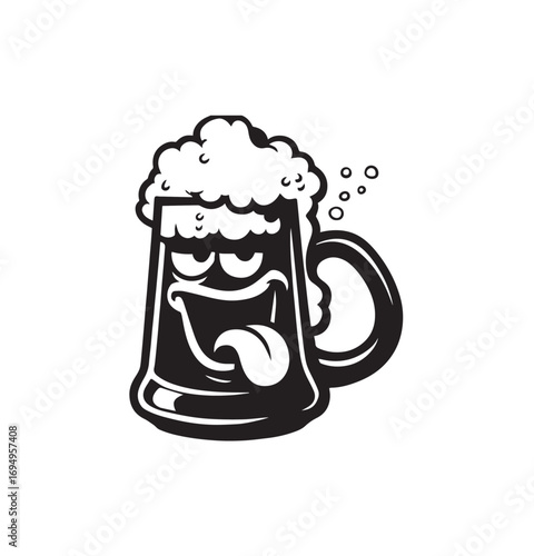 Cartoon beer mug character with a silly face sticking out its tongue on white background Keywords: beer, drink, beverage, alcohol, mug, glass, foam, bubbles, cartoon, character, mascot