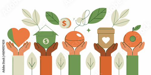 Diverse hands holding symbols of generosity and support for community and charity initiatives