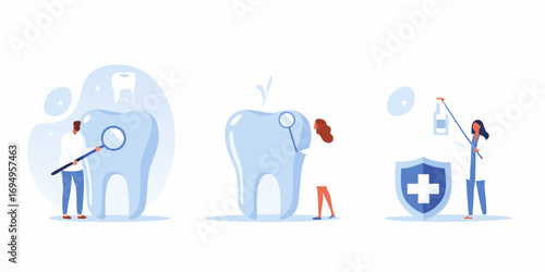 Dentist and dental hygienist characters examining and protecting a large tooth with magnifying glass and shield