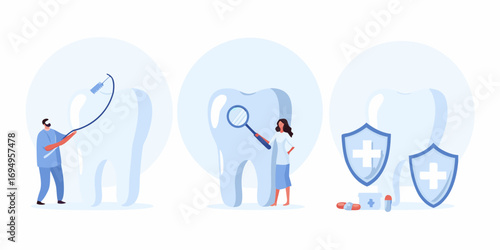 Dentist and patient examining tooth with magnifying glass and dental hygiene concept with shields and medicine