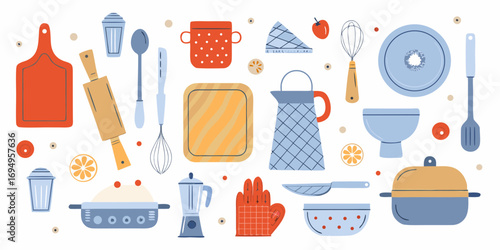 Collection of kitchen utensils and cooking tools arranged in a flat design style on a white background
