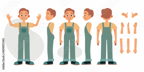 Cartoon character model sheet for a young boy wearing overalls and a t shirt with multiple views and body parts