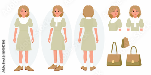 Young girl in a light green dress with a white collar and brown shoes shown from front back and detail views with accessories