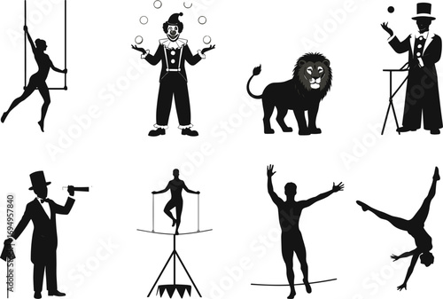 Circus performers, trapeze artist, clown juggling, lion act, magician trick, ringmaster pose, tightrope walker, acrobat flip, silhouette vector, entertainment illustration