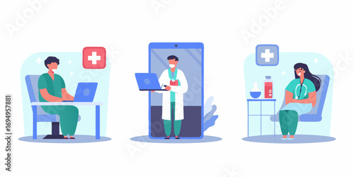 Doctors and patient using technology for remote healthcare consultation and medical treatment illustration