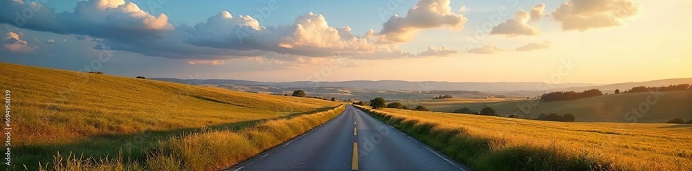 Fototapeta premium Serene landscape featuring a winding country road disappearing towards a distant horizon over rolling hills and fields under a vast sky , calm, image