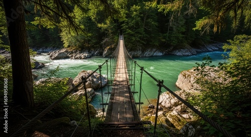 Scenic wooden suspension bridge over turquoise river in lush forest