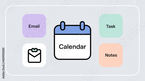 Illustration of calendar, email, task, and notes icons, symbolizing organization, productivity, and time management