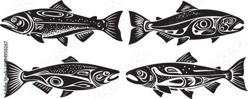 Minimalist silhouette of a jumping salmon fish
