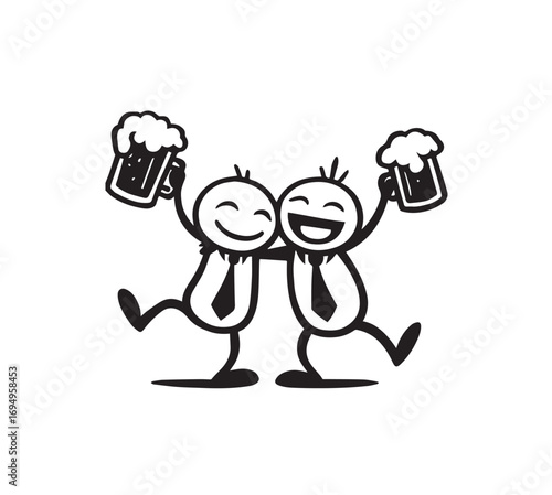 Two stick figures in suits holding beer mugs, celebrating on white background Keywords: stick figure, people, friends, celebration, party, fun, joy, happy, cheers, beer, drink, beverage, alcohol