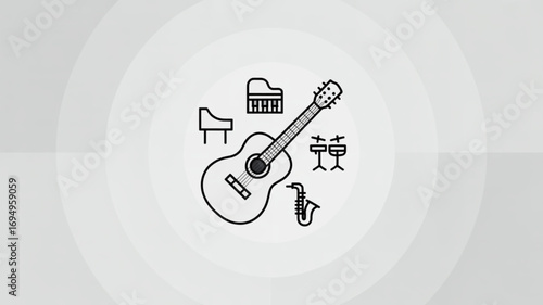 Acoustic guitar, saxophone, piano, and drums in a musical instrument icon set vector illustration of music instruments