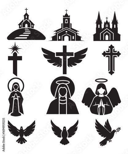Christian Symbols Collection with Churches Cross Angels Virgin Mary Doves.