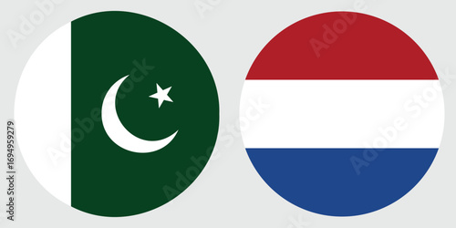 netherland and pakistan circular flag on a grey background