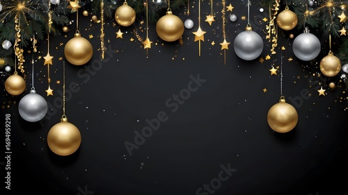 Black Christmas Background with Golden Baubles