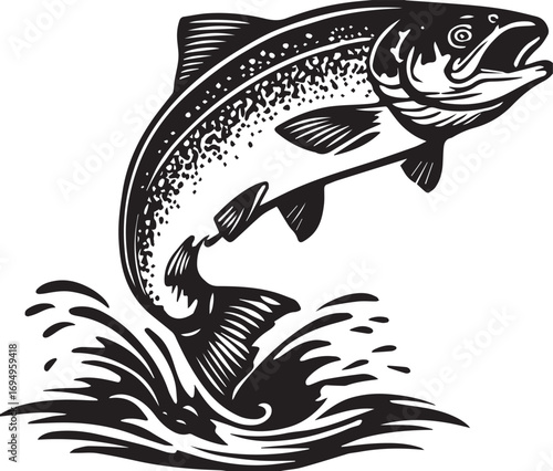Dynamic salmon leaping from water silhouette