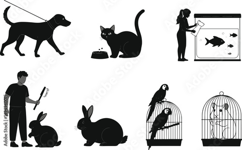 Pet care silhouette vector, dog walking, cat feeding, rabbit interaction, aquarium fish, parrot cage, hamster wheel, animal lover, domestic pets
