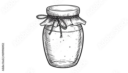 A detailed, hand-drawn illustration of a glass jar with a tied-on lid, showcasing vintage-style line art.