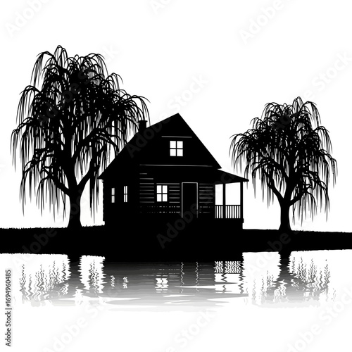 Rustic log cabin with weeping willow trees and water reflection silhouette isolated on white background