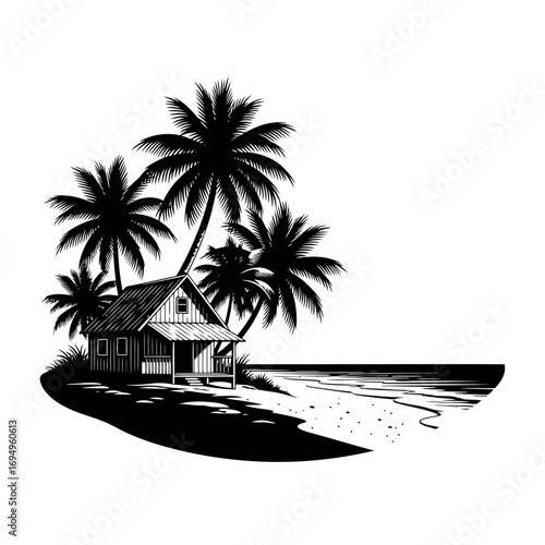 Tropical beach hut with palm trees silhouette isolated on white background