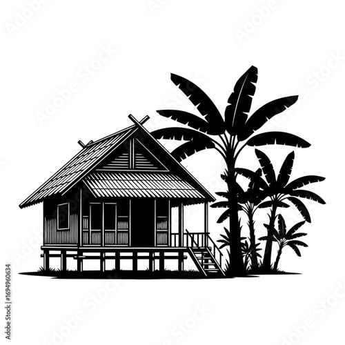 Traditional stilt house and banana trees silhouette isolated on white background