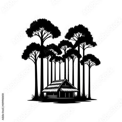 Thatched roof hut nestled among tall trees silhouette isolated on white background