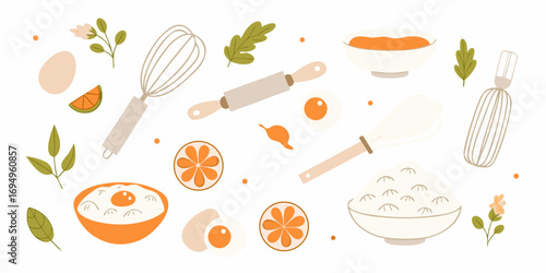 Whimsical baking ingredients and tools scattered across a white background with orange accents