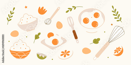 Whimsical flat lay of breakfast food and kitchen utensils with botanical accents