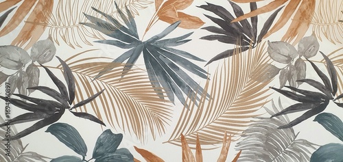 Texture of wallpaper or fabric with an ornament of  palm leaves on a white background. Print with palm leaves ornament. Exotic background ornament. Interior design wallpaper. Fashion design.
