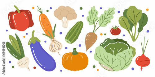 A vibrant collection of fresh colorful and healthy vegetables arranged in a playful flat design illustration