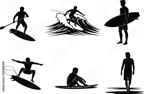 Surfing silhouettes, paddleboarding, beach lifestyle, wave riding, surfboard poses, summer sports, ocean activity, coastal adventure, black vector icons, water recreation