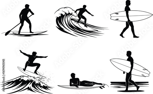 Surfing silhouette vector set, paddleboard, wave rider, surfboard poses, beach sport, black icons, editable illustration, extreme water activity, coastal lifestyle
