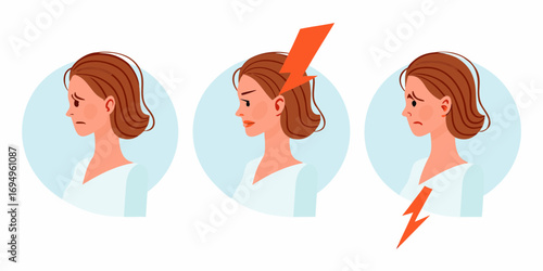 Woman s emotional states from sadness to anger and pain illustrated with lightning bolts