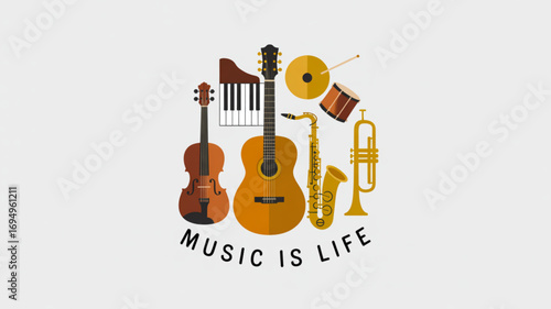 A vibrant musical instrument ensemble with the words music is life, celebrating the joy and harmony of music in our lives