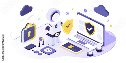 Futuristic robot and laptop displaying cybersecurity shields and padlock symbolizing digital protection and data security