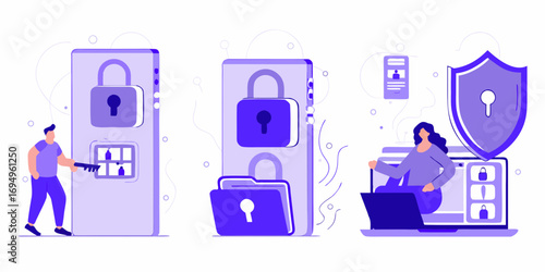 Digital security and data protection concepts illustrated with people and locked devices