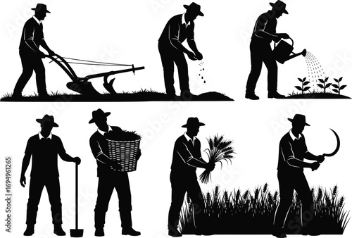 Traditional farming silhouette vector, agriculture stages illustration, farmer working in field, plowing, sowing, watering, harvesting, rural labor, black and white art