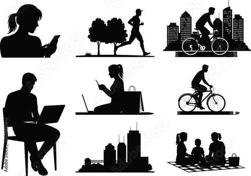 Urban lifestyle silhouette vector, people jogging, cycling, reading, using tech, relaxing outdoors, modern city activities, leisure, fitness, digital habits, picnic scene