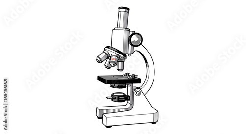 Detailed line art of classic microscope on white background