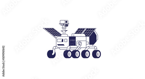 Simple linear mars rover with solar panels and camera in blue tones