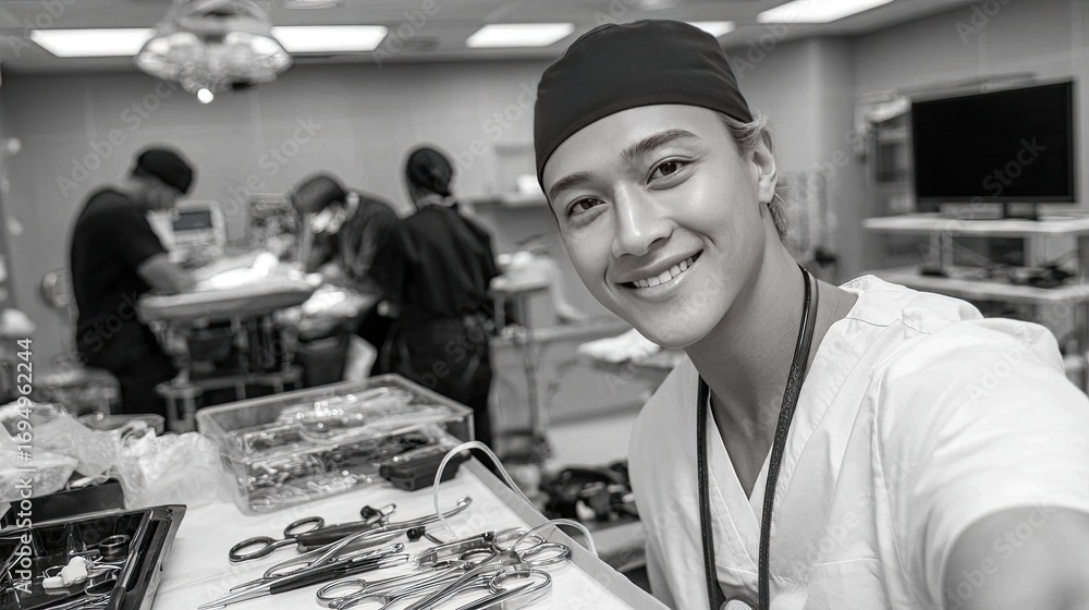 Fototapeta premium Doctor takes a cheerful selfie in an operating room, surrounded by medical gear and an active medical team engaged in patient care