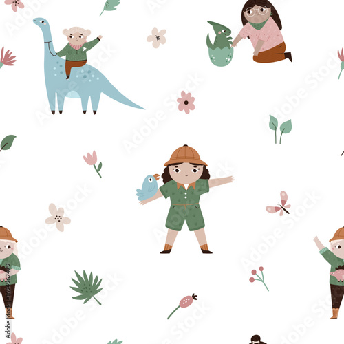 Dinosaur Adventure Seamless Pattern. Kids' Dino and Girl Print. Cute Safari Girl and Dinosaurs Wallpaper for Nursery Decor